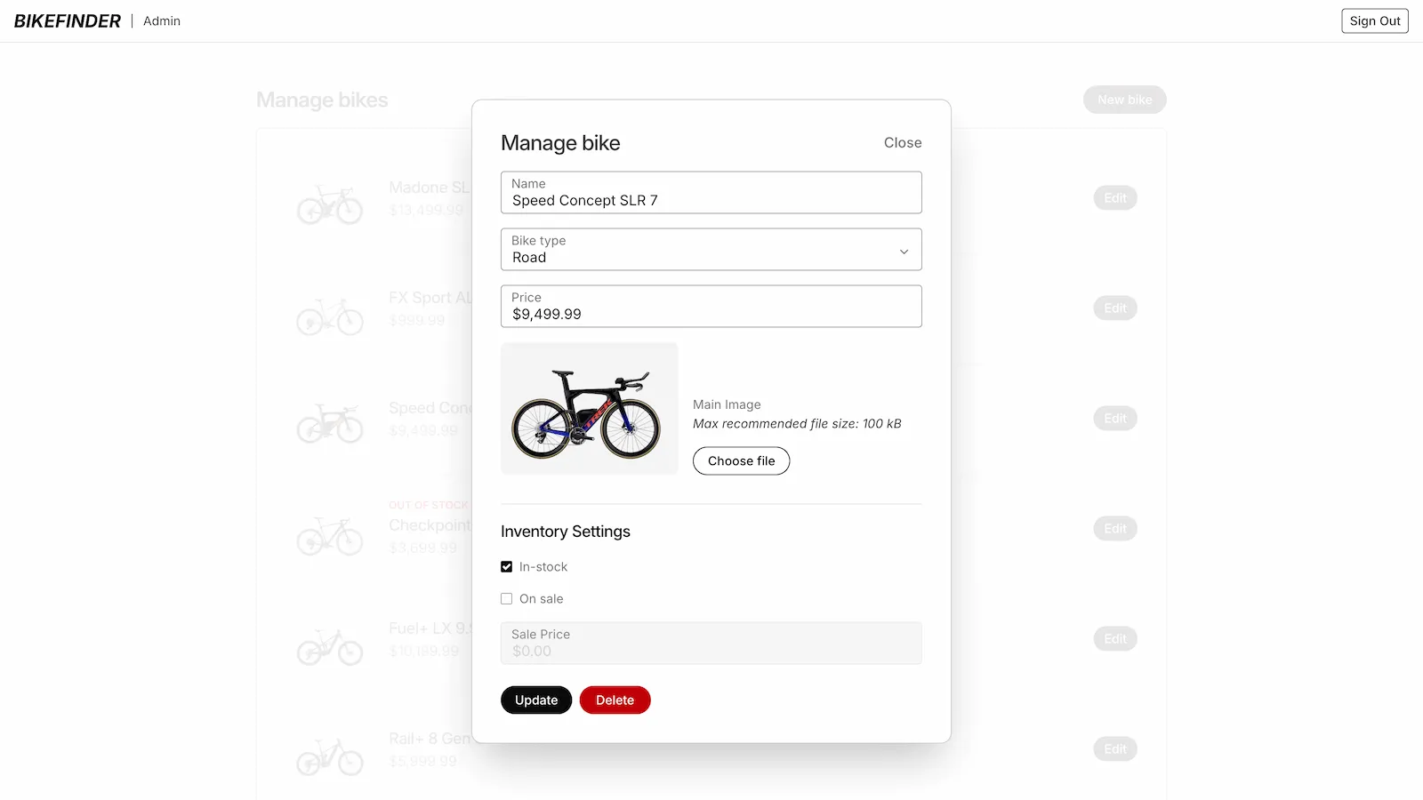Screen showing the admin panel's pop-up form to update an existing bike listing.