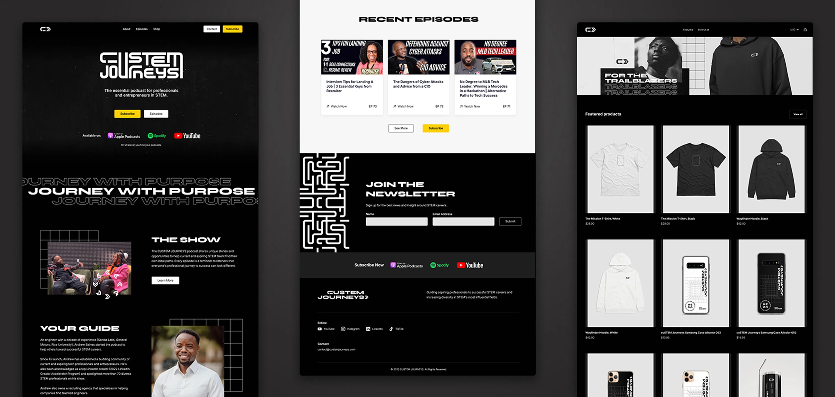 Screenshots showcasing various pages of the cuSTEM Journeys website design