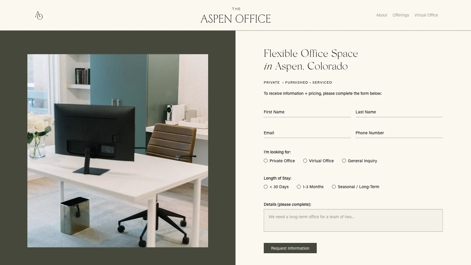 Home page hero section of the Aspen Office website, containing an inquiry form alongside imagery of the office workspace.