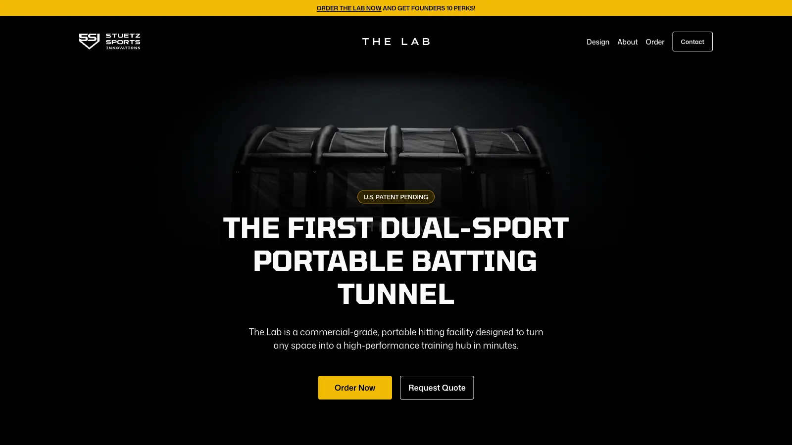 Home page hero section featured a cutout of an inflatable batting cage over a black background, with a bold headline overlay.
