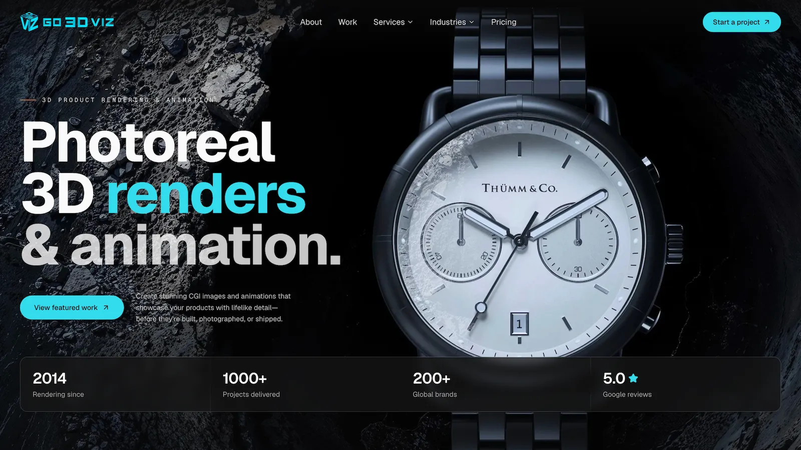 Homepage hero section, featuring a silver watch render and quick stats about Go3DViz's business.