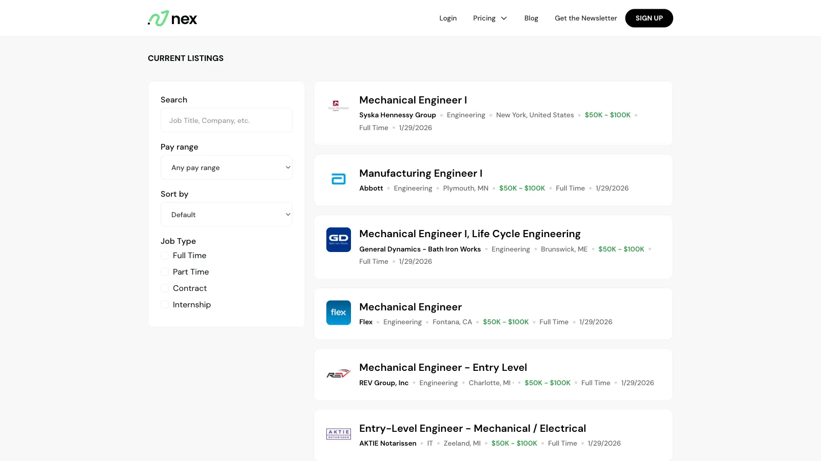 A list of active job posts next to a search modal on the homepage.