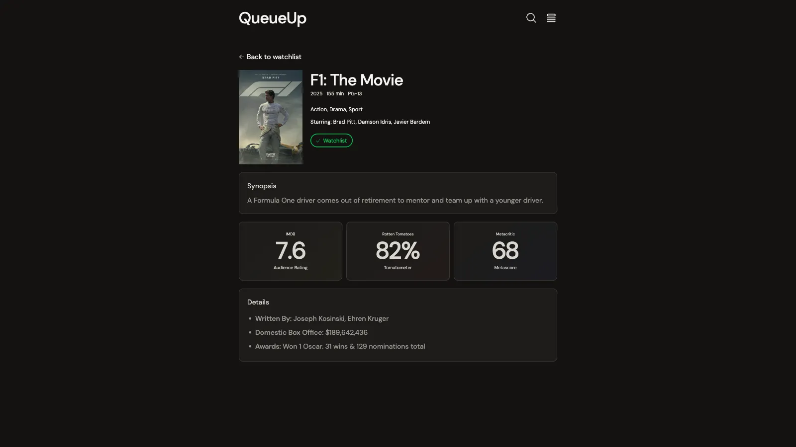 A movie detail page in QueueUp for F1: The Movie, showing a summary, notes and aggregated review metrics.