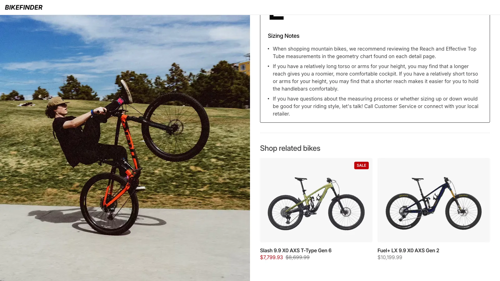 Bikefinder screen showing mountain bike selection and recommended mountain bikes to shop.