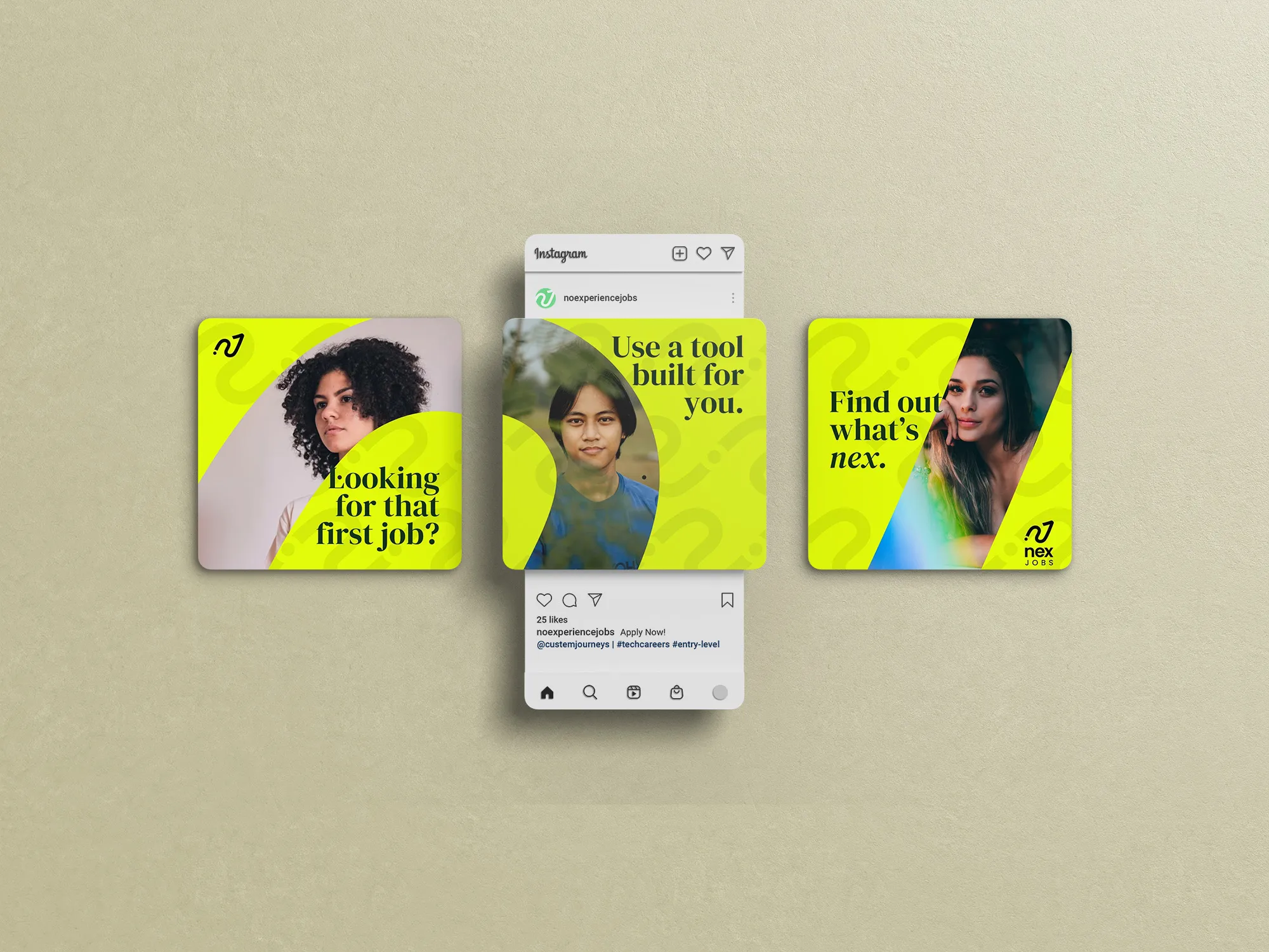 Social media carousel post design for NoExperienceJobs.io, adversting entry-level job opportunities