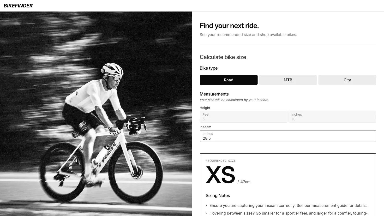 Bikefinder screen showing road bike selection and recommended size.