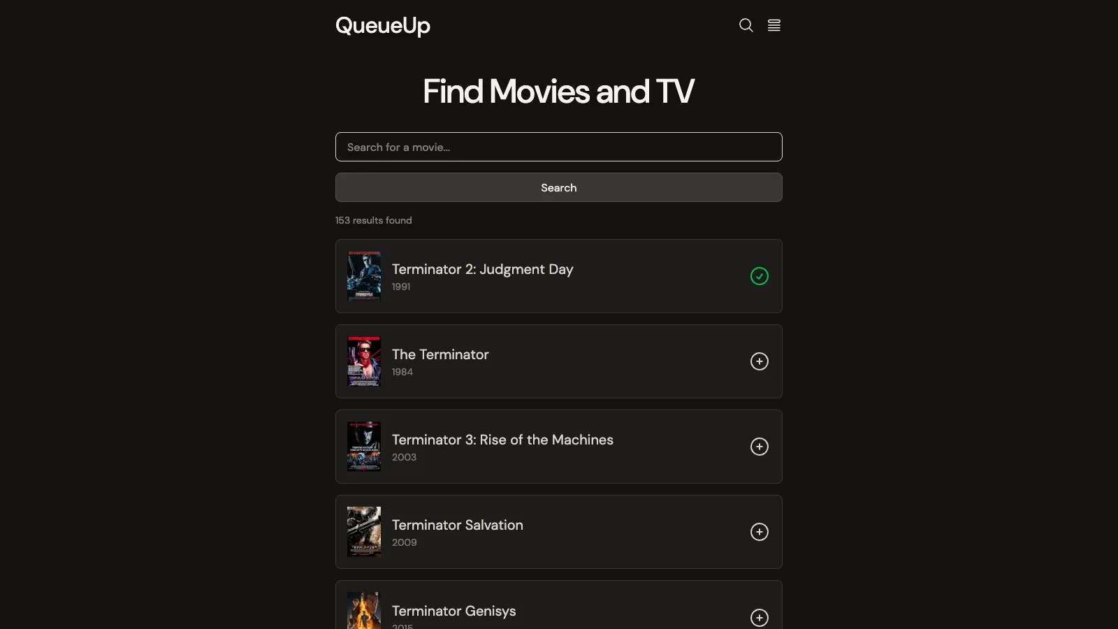 A list of search results in the app for Terminator.