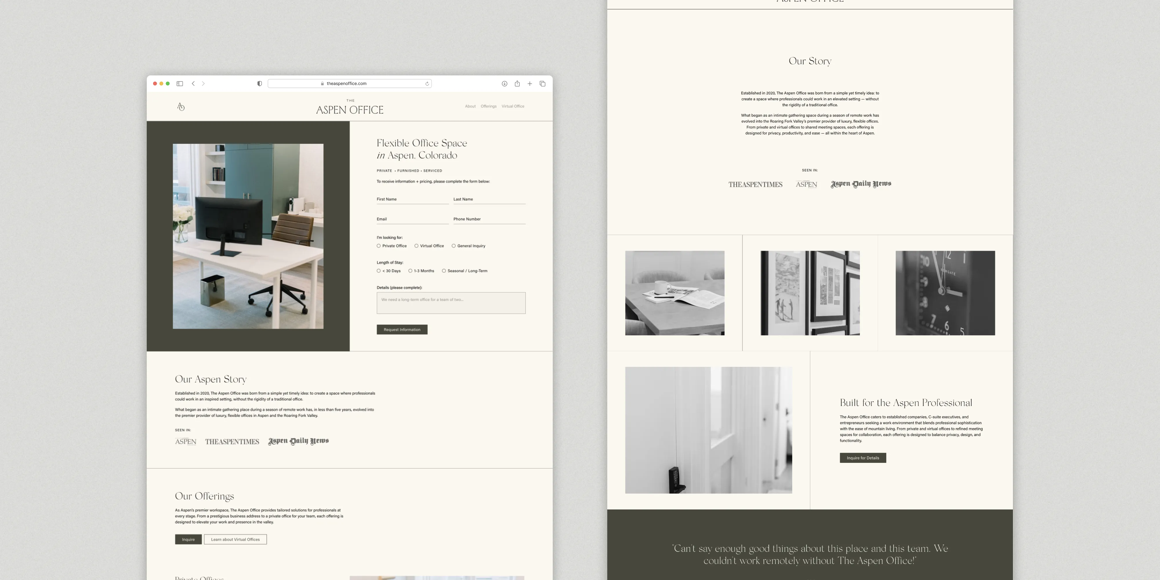 Screen captures for the main landing page and about page for the The Aspen Office.