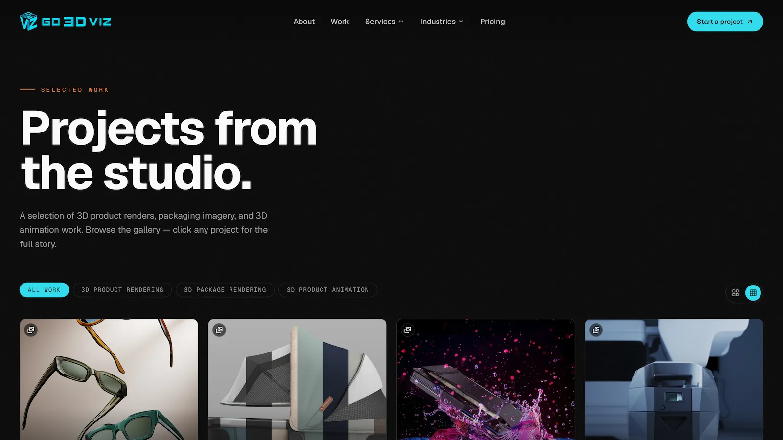 A grid gallery of work projects, with filtering options for project type.
